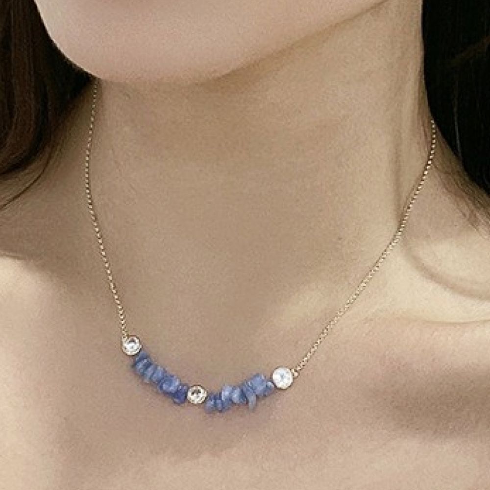 Raw Periwinkle Blue Gemstones Inlaid Zircon Gold-Plated Fine Jewelry Necklace